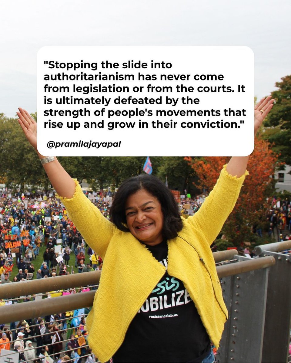 PramilaJayapal's tweet photo. Courts won't save us. Legislation alone won't save us.

People-powered movements will.

That's what Resistance Lab is about. Join me July 19th and let's build this together. https://t.co/ogOM6W2Qh5