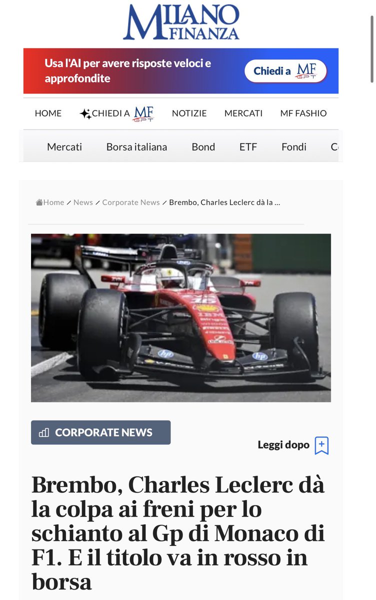 robertofunoat's tweet photo. Sta storia finirà a carte bollate (fonte: Milano Finanza) #F1 #Ferrari #Brembo #Leclerc https://t.co/jGEZcU0T4E