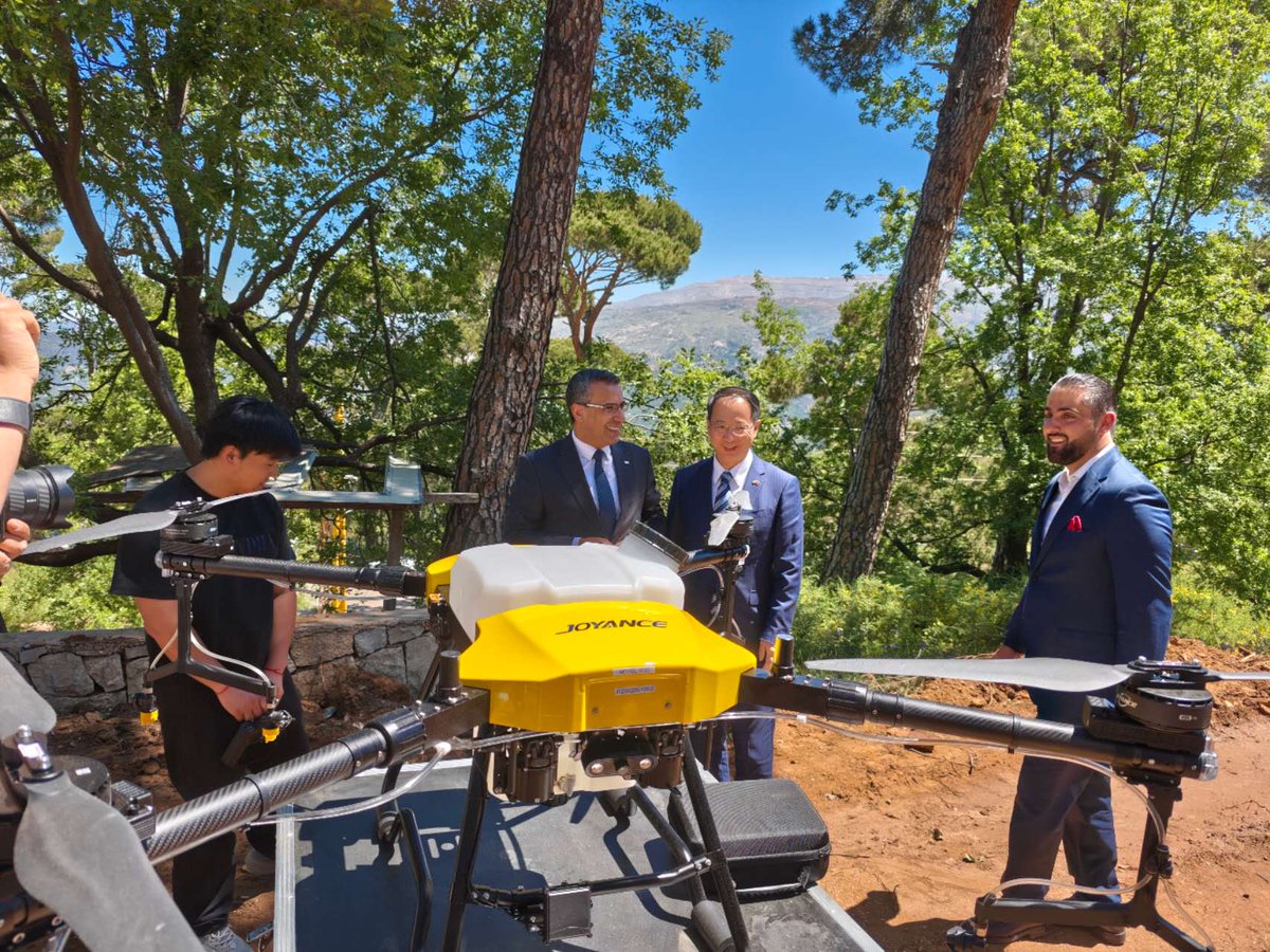 ChinainLebanon's tweet photo. A great pleasure joining Minister Nizar Hani in launching the agricultural drones project in Qornayel. 
These drones made and donated by China will protect Lebanon's forests, and promote digital transformation and sustainable development of agriculture.
This is a vivid demonstration of "Harnessing Technology for Good". 
#TechForGood