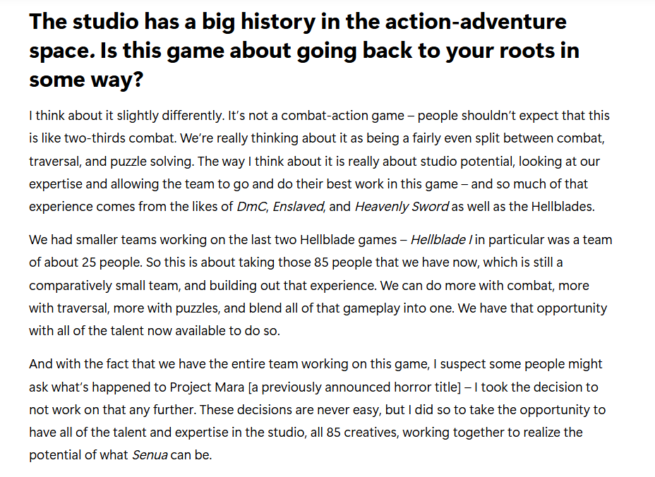 Wario64's tweet photo. Ninja Theory's Project Mara is canceled

"I suspect some people might ask what’s happened to Project Mara [a previously announced horror title] – I took the decision to not work on that any further. These decisions are never easy, but I did so to take the opportunity to have all of the talent and expertise in the studio, all 85 creatives, working together to realize the potential of what Senua can be."

https://t.co/SxSdCg8J2w