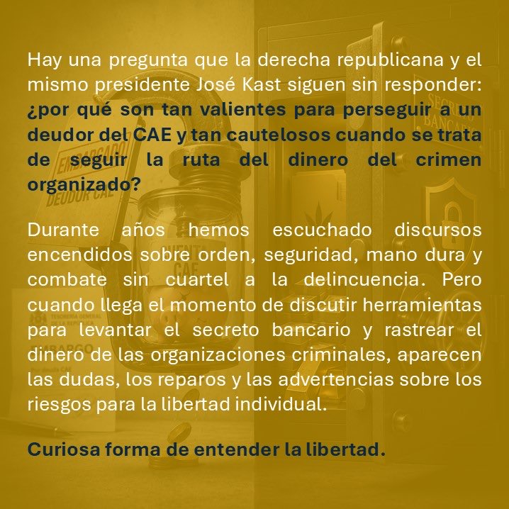 RAguilarCub's tweet photo. Columna de opinión: Secreto bancario para los narcos, embargo de dinero para los estudiantes.

Embargar cuentas de deudores del CAE parece normal. Seguir el dinero del narcotráfico parece excesivo.

Curiosas prioridades.

#CAE #SecretoBancario #Chile https://t.co/YBr1CDb1vV