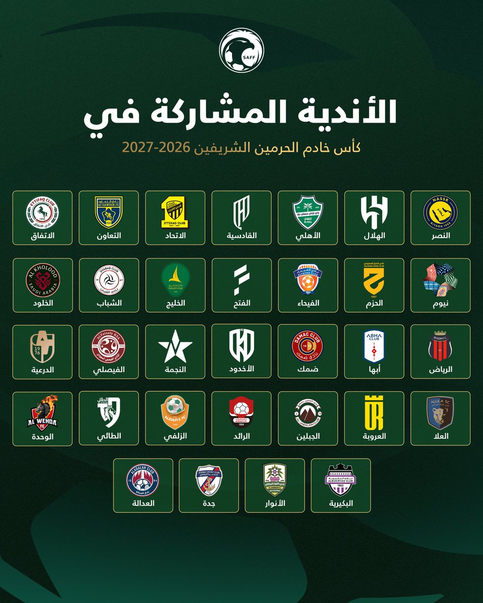 saudiFF's tweet photo. 32 فريقًا ⬅️ @KingCupSA 🏆
4 فـــرق ⬅️ @SaudiSuperCup 🏆
18 فريقًا ⬅️ @SPL 🏆
18 فريقًا ⬅️ @FDL_KSA 🏆

الفرق المشاركة في الموسم الرياضي 2026 - 2027 ✅ https://t.co/Ntw0DnuJva