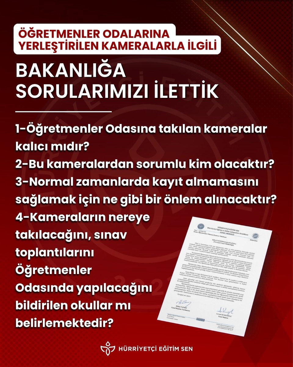HurEgitimSen's tweet photo. Öğretmenler Odalarına yerleştirilen kameralarla ilgili uygulamanın öğretmenler arasında çeşitli soru işaretlerine neden olması üzerine Millî Eğitim Bakanlığı’na resmi başvuruda bulunduk.
@leventkuruoglu 
https://t.co/zwalXvHVOc https://t.co/XRsipKUsBG