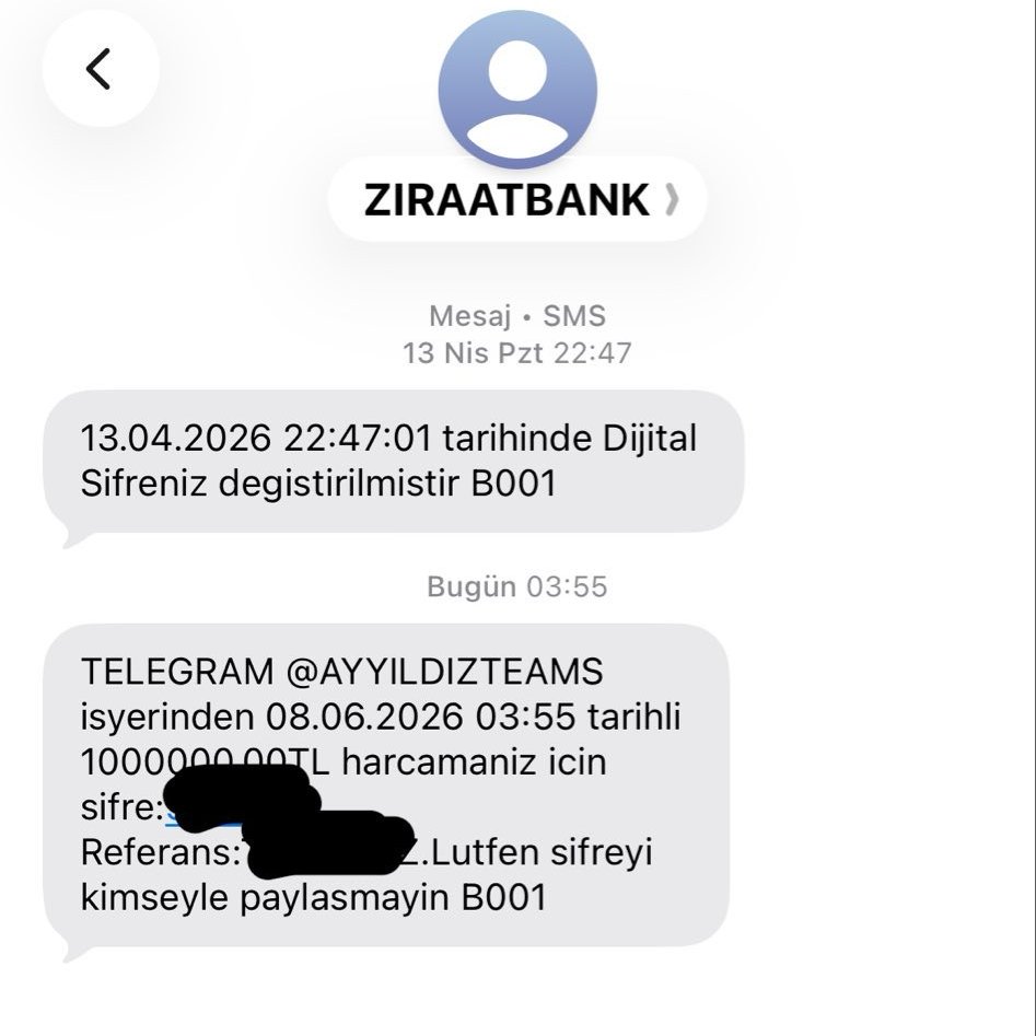 pusholder's tweet photo. Ziraat Bankası'nın SMS sisteminin hacklendiği ve bazı kullanıcılara kredi kartlarından 1 milyon TL harcama için şifre gönderildiği iddiası üzerine Ziraat Bankası:

"İncelemeler sonucunda sistemlerimizde herhangi bir veri sızıntısı veya güvenlik ihlali tespit edilmemiştir.

Herhangi bir maddi kayıp oluşmadığı belirlenmiştir."