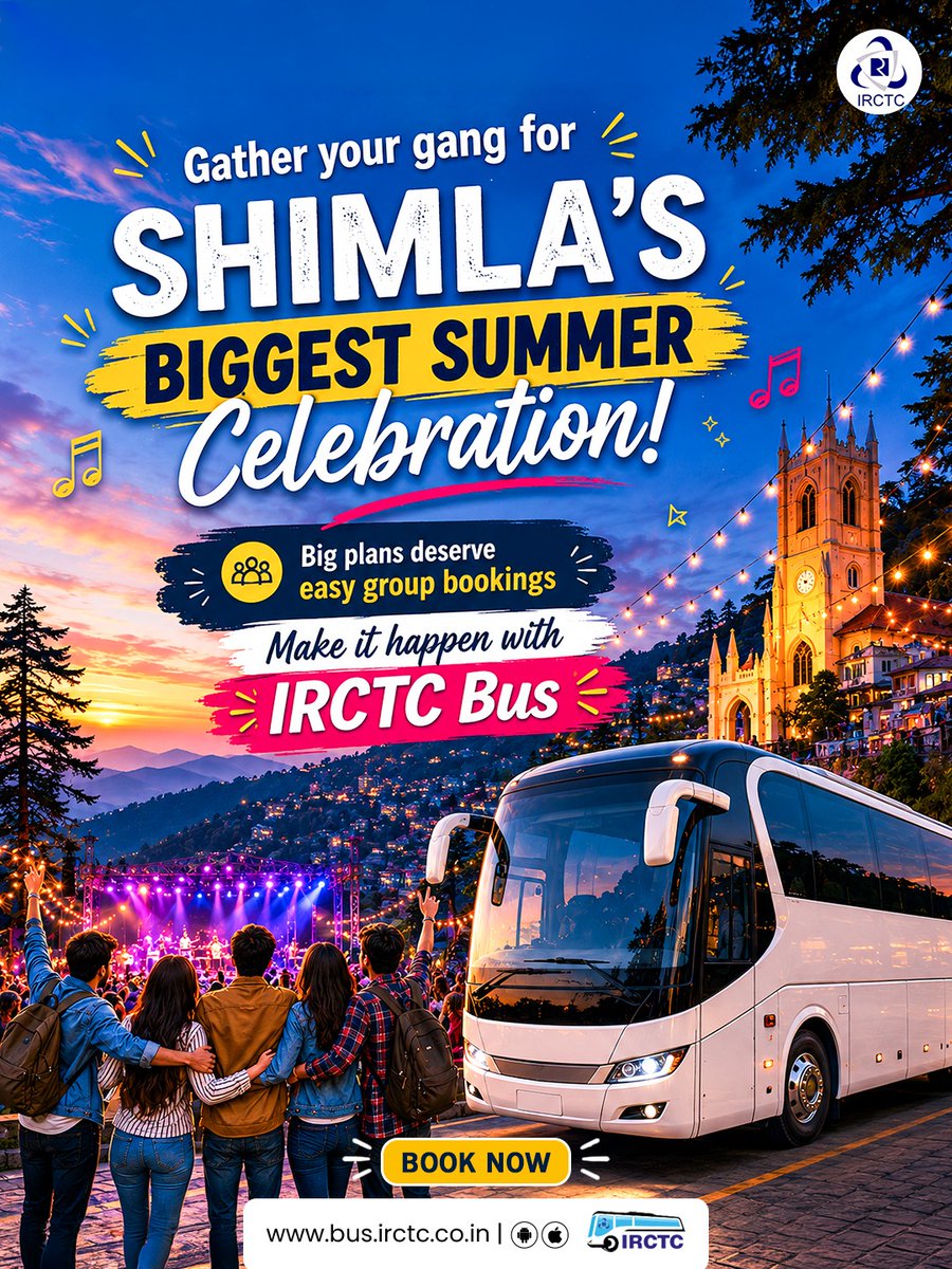 IRCTCofficial's tweet photo. The hills are alive with music, festivities, cool mountain air, and unforgettable experiences. Whether you're planning a fun-filled getaway with friends or a memorable group trip with family, let the journey be as enjoyable as the destination.

With IRCTC Bus, booking group travel is simple, convenient, and hassle-free, so you can focus on making memories, not managing logistics.

🚌 Round up your crew and head to Shimla with ease.

Book your bus tickets now: https://t.co/QvzPpVmNf6

@incredibleindia @MinOfCultureGoI @tourismgoi @EBSB_Edumin @mygovindia @hp_tourism
