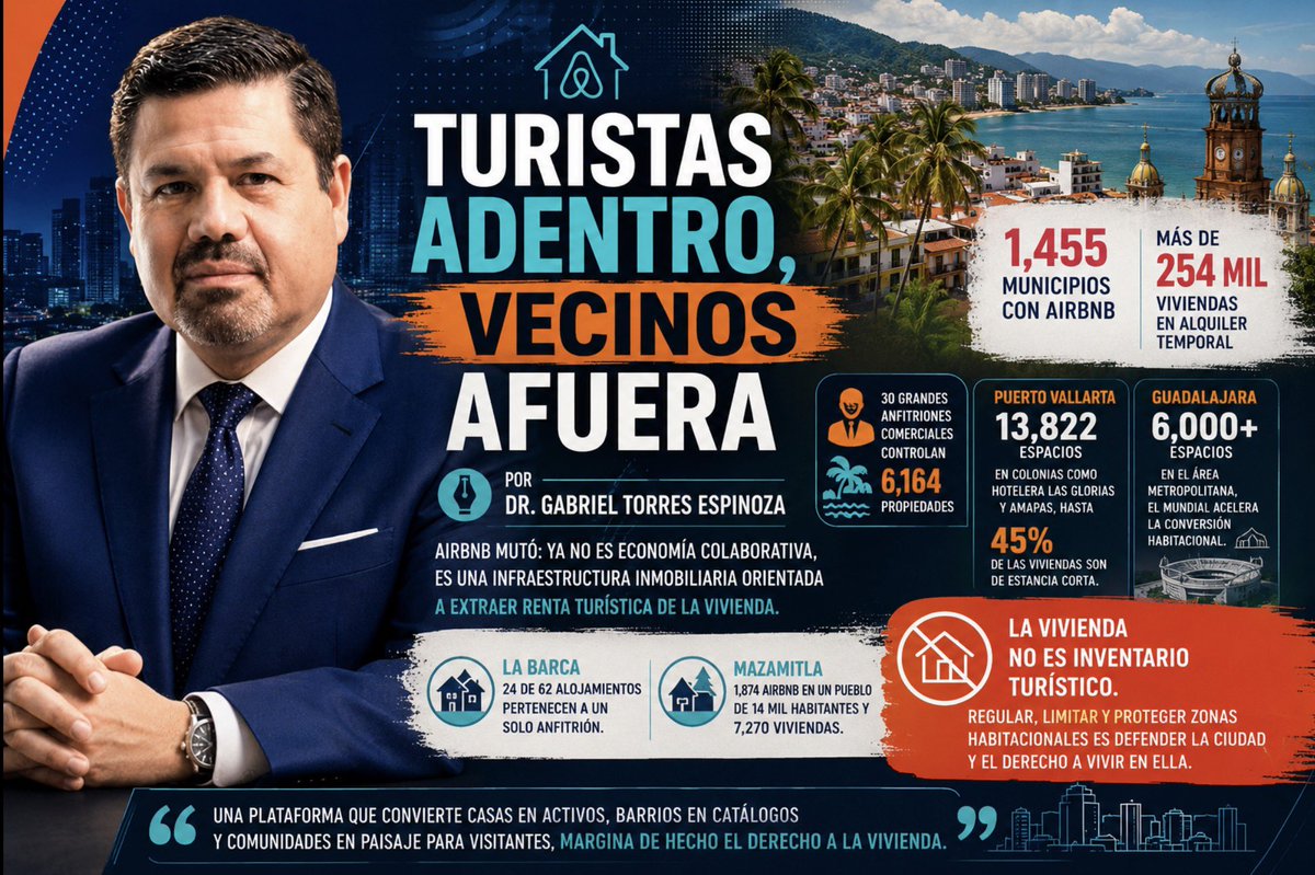 afondoJAL's tweet photo. Turistas adentro, vecinos afuera
Por Dr @GabrielTorresEs 
“Airbnb no llegó a las ciudades como amenaza. Inicialmente llegó como promesa para compartir un cuarto, recibir visitantes, completar el ingreso familiar”
https://t.co/bHSKIZ97lf https://t.co/ryQXCVXpBT