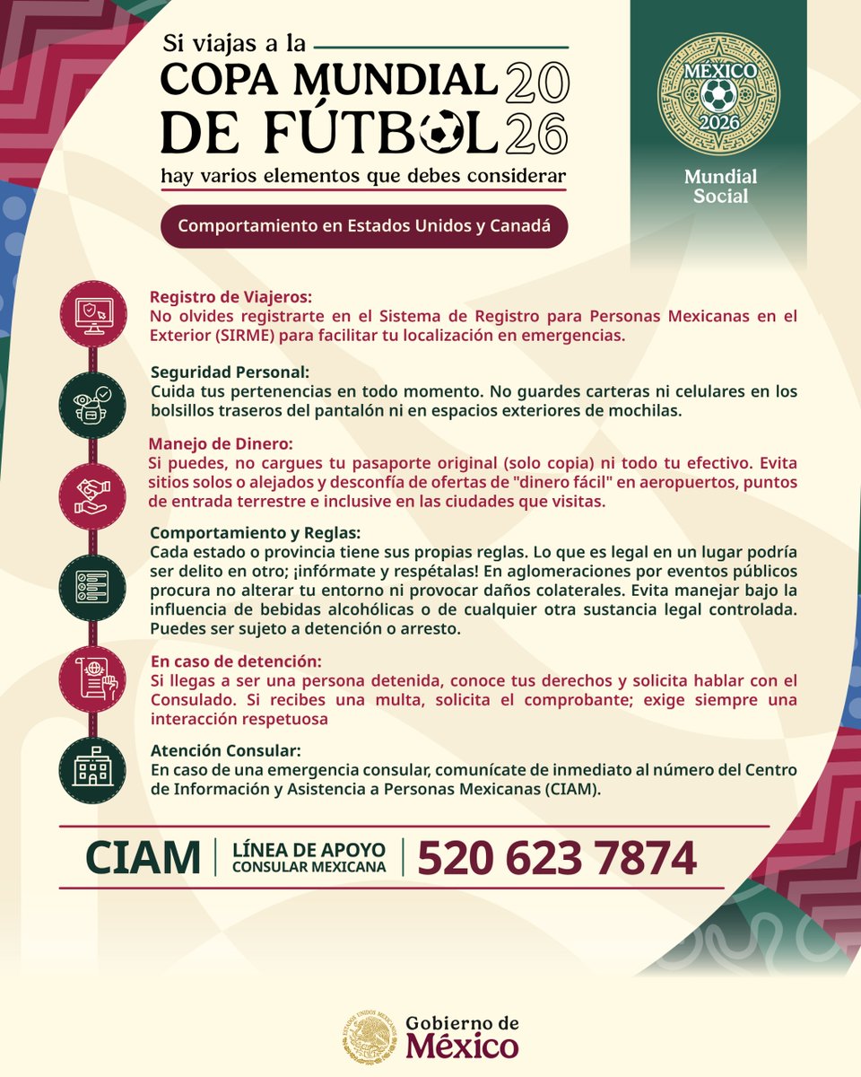 ConsulMexTor's tweet photo. ⚠️ Si viajas al Mundial 2026 en Estados Unidos o Canadá, toma tus precauciones.

Sigue las recomendaciones de seguridad, respeta las normas locales y evita situaciones de riesgo.

📞 Ante cualquier emergencia, contacta al CIAM: 520 623 7874

#NoEstásSola #NoEstásSolo https://t.co/HTpUFaFzi8