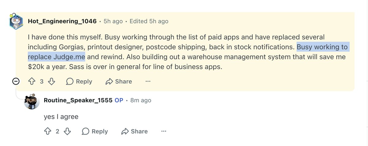 heysandy801's tweet photo. in what world does it make sense to spend your energy vibe coding a replacement for a $15/mo feature-rich shopify app?

reddit never ceases to amaze me https://t.co/Xs4YWCPAR4