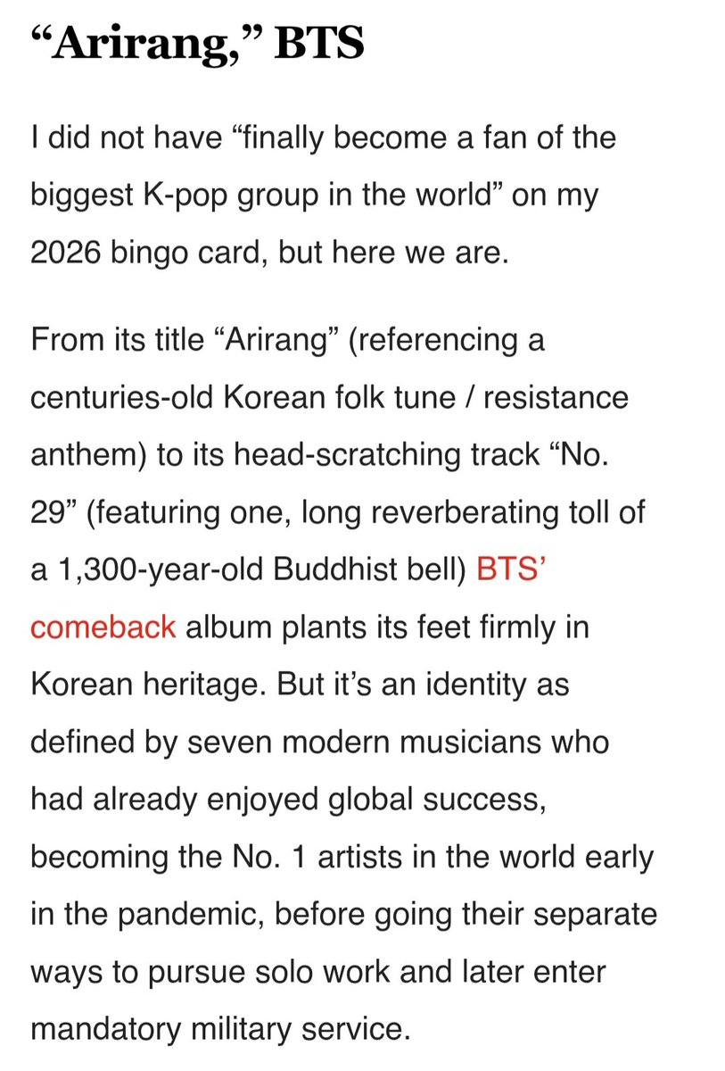 RMMoonchild101's tweet photo. Salon, a professional news and opinion magazine, selected BTS's Arirang as one of the top albums of 2026 so far.

"Sonically dynamic and unapologetically trenchant, “Arirang” took me on a journey by asserting BTS’ collective powers as mature artists and master storytellers, and I couldn’t help but be inspired.  
–Hanh Nguyen"

🔗https://t.co/X1c1qlNz18

#BTS_ARİRANG #BTS #ARIRANG