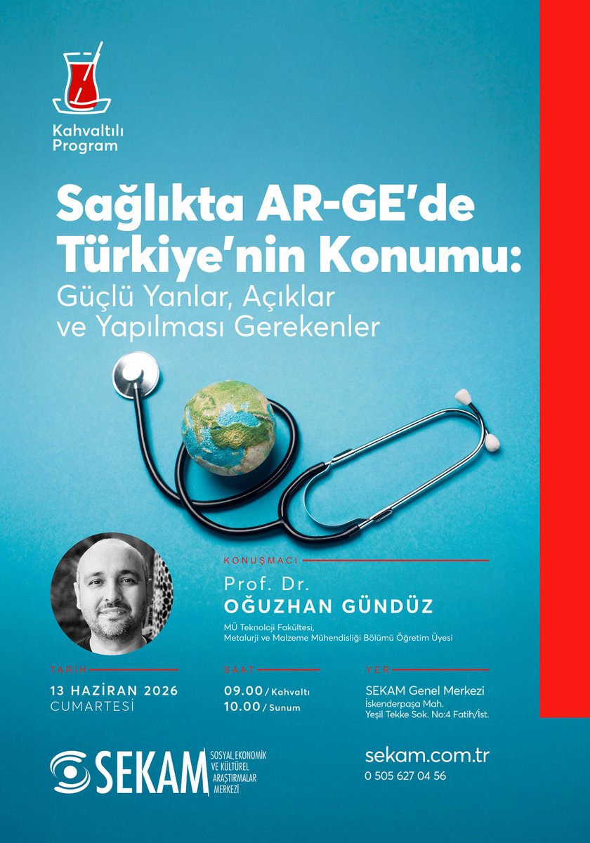 sekamcomtr's tweet photo. Prof. Dr. Oğuzhan Gündüz ile ''Sağlıkta AR-GE'de Türkiye'nin Konumu: Güçlü Yanlar, Açıklar ve Yapılması Gerekenler'' konulu kahvaltılı program 13.06.2026 Cumartesi 09.00'da SEKAM Genel Merkezi'nde gerçekleştirilecektir. https://t.co/EtPvem2mcn
