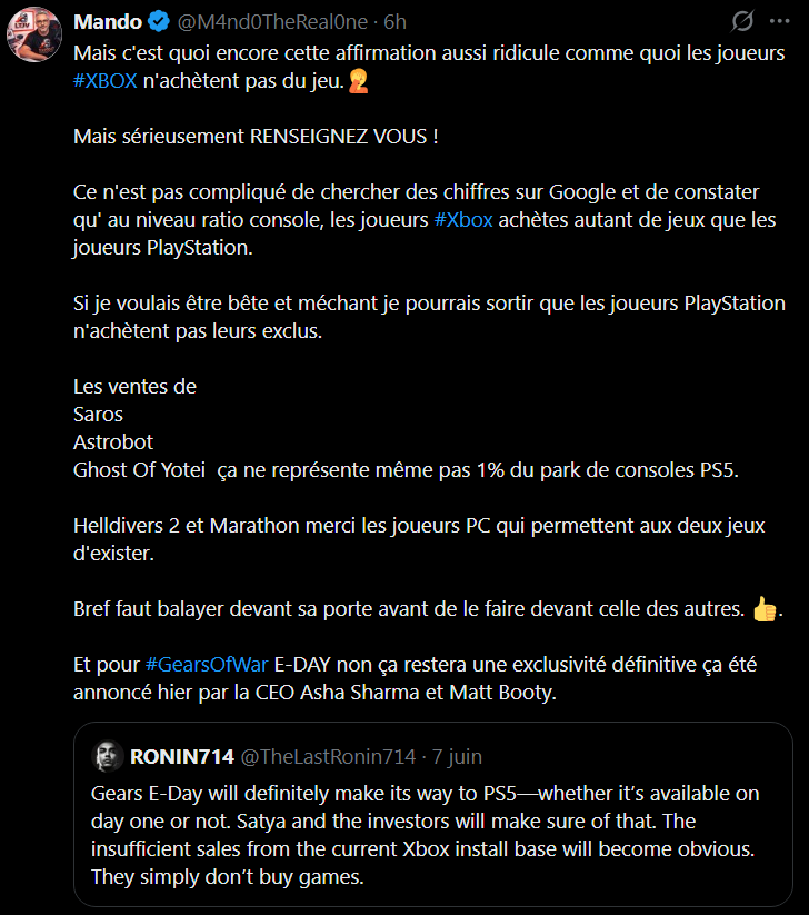 XboxForNEVER's tweet photo. Encore une Fabuleuse contradiction de notre homme-sandwich favori 😎

Sur XBOUSE, tt le monde achète les jeux, + qu'ailleurs. Source "my ass believe".

Sauf que la veille, le mec se travestissait en publicité vivante pour le gamepisse. 

L'accord des violons est Exceptionnel 🤣👌 https://t.co/V33qaXbm5R