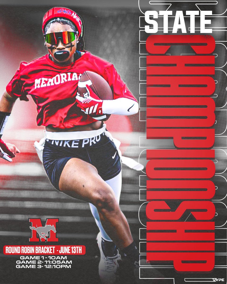 MHSMustangsBC's tweet photo. UNDEFEATED. STATE BOUND.
The inaugural season continues.
🏈 10-0 Memorial Girls Flag Football heads to Denton for the State Championship Round Robin on June 13.
⏰ 10:00 AM
⏰ 11:05 AM
⏰ 12:10 PM
Let’s make more history, Stangs. ❤️
#WeAreMemorial #StateBound @MHSGirlsFlag1 https://t.co/ZTu1NB72Yn