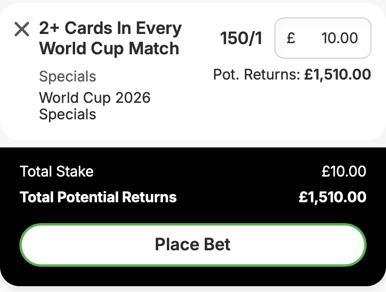TheCardDealer's tweet photo. 2+ cards in every World Cup Match @ 150/1. 

What do we think to this bet? 🤔 https://t.co/LDYM5i5Jd1
