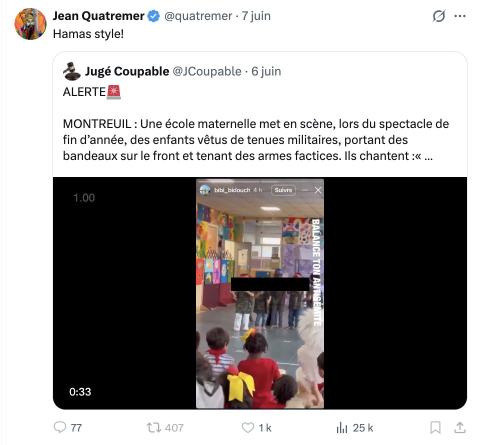 Jacques_Pezet's tweet photo. Sans aucun élément de contexte, sans aucune preuve @Imam1chalghoumi @CWeillRaynal @quatremer @jerome_buisson et beaucoup d'autres ont donc comparé des enfants d'une maternelle de Montreuil à des gamins de Gaza, sous influence du Hamas. 

La honte. https://t.co/JOGK8wyNcW