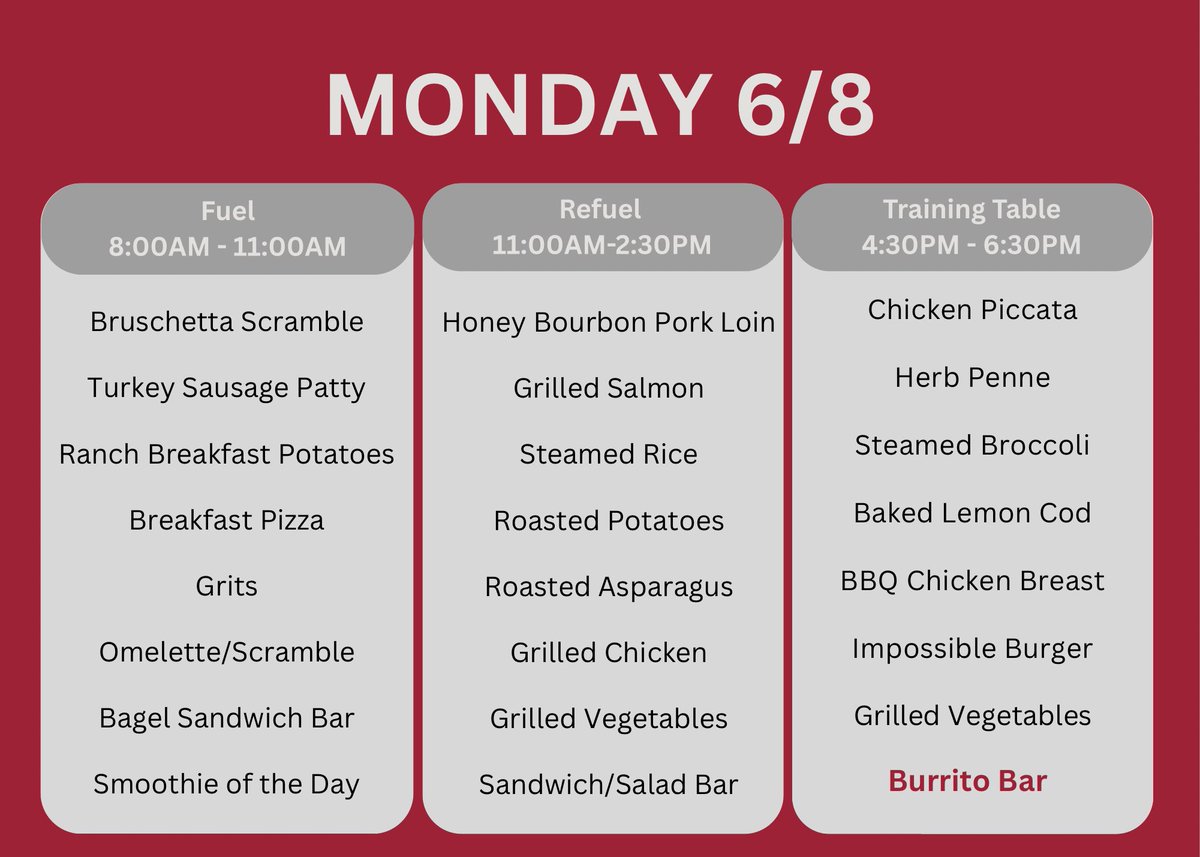 RazorbacksFuel's tweet photo. Menus - Monday 6/8 https://t.co/hqChmVIH1t