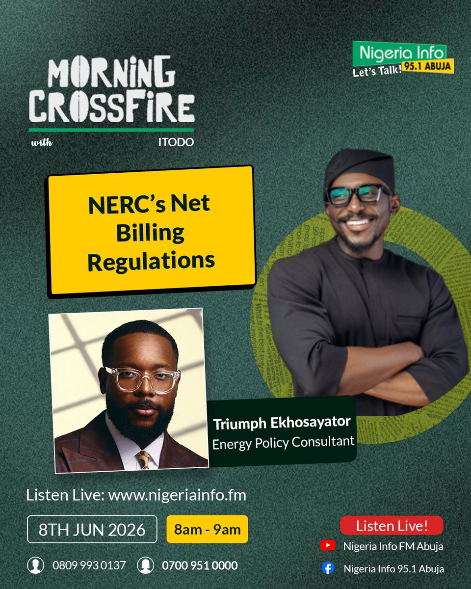 EkhosTriumph's tweet photo. This morning I joined Itodo to unpack NERC’s newly released Net Billing Regulations 2026 and what they mean for Nigeria’s energy future.

Access excerpts from the conversation here: https://t.co/oXoS7luvLL https://t.co/H3e1hPOk1w
