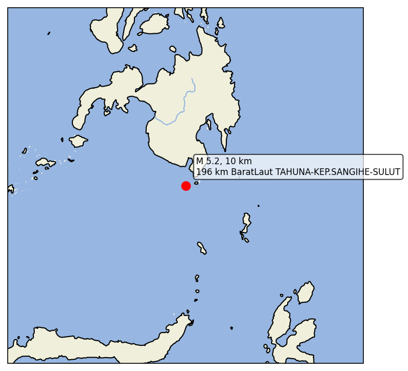 igempa's tweet photo. 08 Jun 2026 20:37:50 WIB
#Gempa M5.2, Kedalaman 10 km,
Pusat: 196 km BaratLaut TAHUNA-KEP.SANGIHE-SULUT
Tidak berpotensi tsunami https://t.co/ZmDlZ7e46L