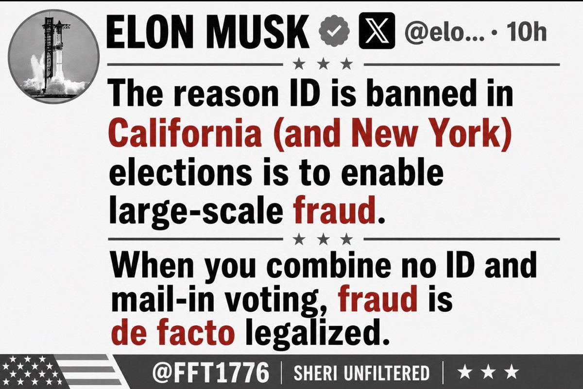 FFT1776's tweet photo. ✅ 100% AGREE with Elon.

🔥PASS The SAVE America Act … clean up the ESTABLISHMENT fraud. https://t.co/fBMuWTmVe1