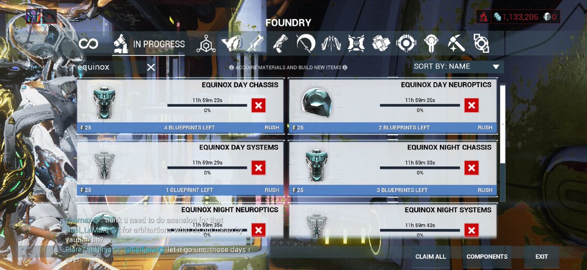 Raskaldir's tweet photo. OOOOOOOO EQUINOX!!! Only need 156 hours to complete the whole thing! You take your time, girl! #Warframe https://t.co/p27ollvwee
