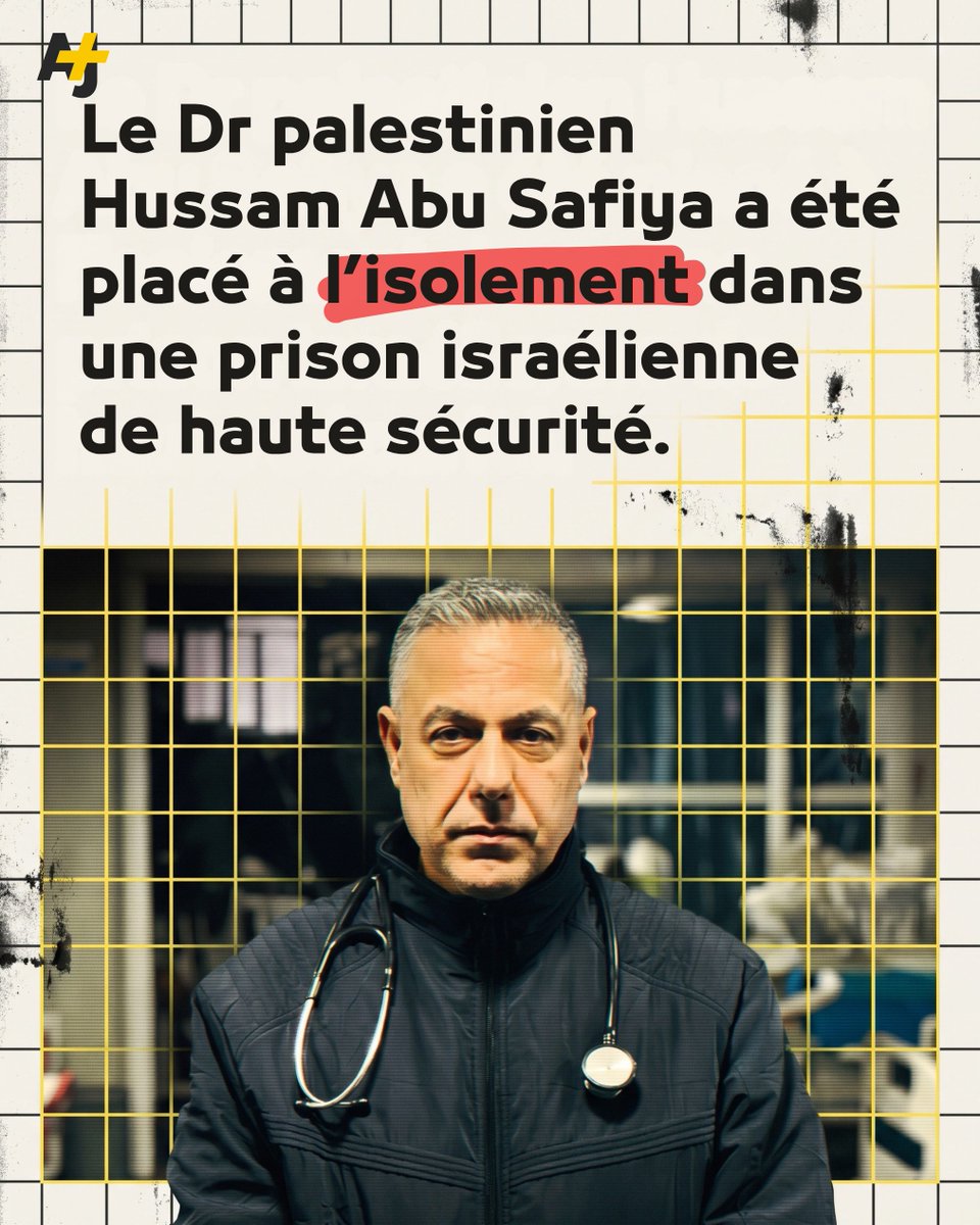 ajplusfrancais's tweet photo. Le Dr Hussam Abu Safiya, directeur de l’hôpital Kamal Adwan à Gaza, est détenu arbitrairement par Israël depuis son arrestation en décembre 2024. Sans aucune inculpation officielle, il a été placé à l’isolement le 3 juin sans explication, après son transfert vers la prison de haute sécurité de Nafha, suscitant l’inquiétude de sa famille et des organisations de défense des droits humains.

Selon son fils Elias, cette mesure serait une sanction après le dépôt d’un recours devant la Cour suprême israélienne contestant sa détention. Il affirme que son père est détenu seul dans une cellule de seulement 2 m², privé de nourriture, d’eau, de médicaments, d’accès à son avocat et même de toilettes.

Le médecin palestinien est devenu un symbole de la résistance du personnel soignant à Gaza après avoir refusé d’abandonner son hôpital malgré les ordres israéliens et la mort de son propre fils. Amnesty International a dénoncé les conditions de sa détention et réclame sa libération immédiate.