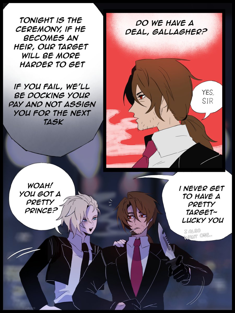 GrilldBird's tweet photo. hello and welcome, i wanted to show this au i made, and here's a peek of it! (hitman x runaway prince)

please let me know whether you enjoy it or not, and if i should keep updating this au of mine, thanks ^^

#galladay https://t.co/Vx9WVwgrst