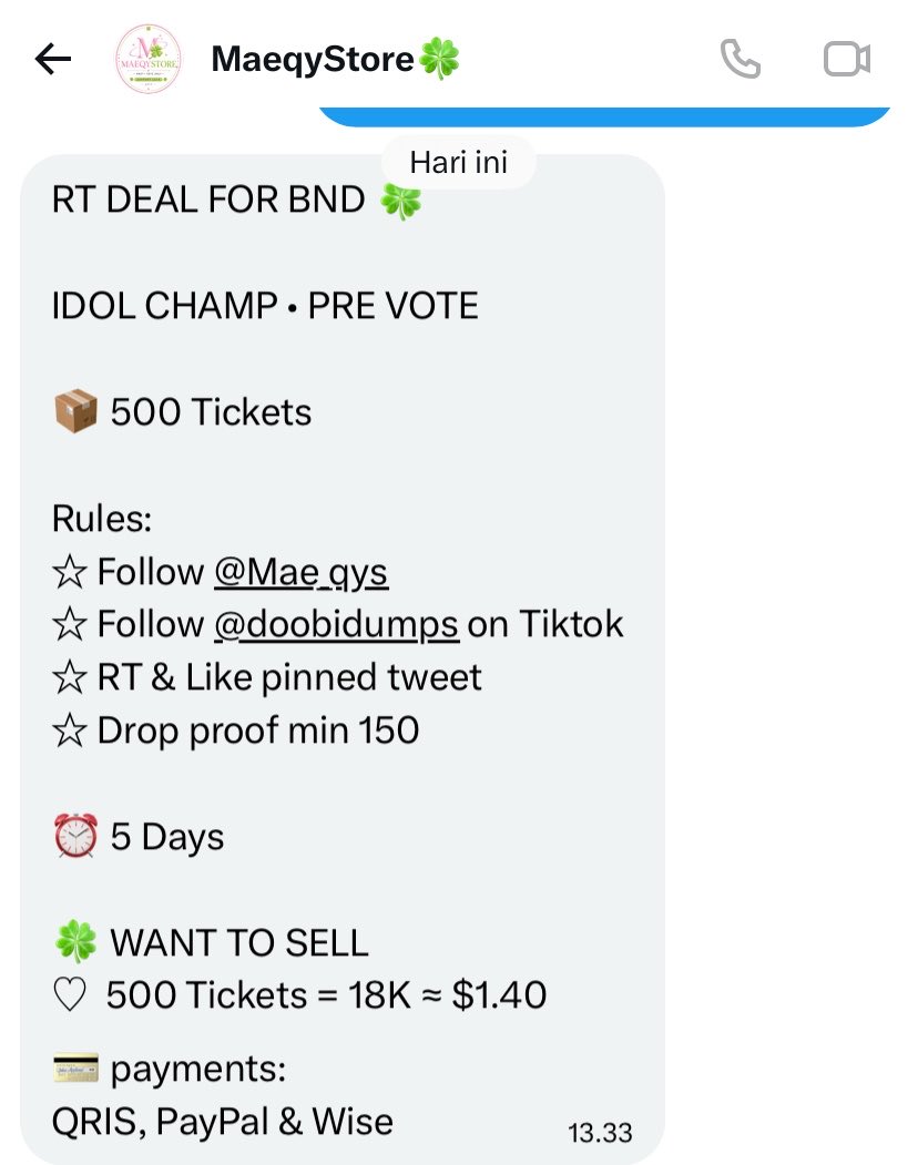 0412jhyn__'s tweet photo. RT DEAL FOR BND 🍀

IDOL CHAMP • PRE VOTE 

📦 500 Tickets 

Rules:
☆ Follow @Mae_qys
☆ Follow @doobidumps on Tiktok 
☆ RT &amp; Like pinned tweet
☆ Drop proof min 150

⏰ 5 Days

🍀 WANT TO SELL
♡  500 Tickets = 18K ≈ $1.40
💳 payments:
QRIS, PayPal &amp; Wise https://t.co/AShc0yBW91