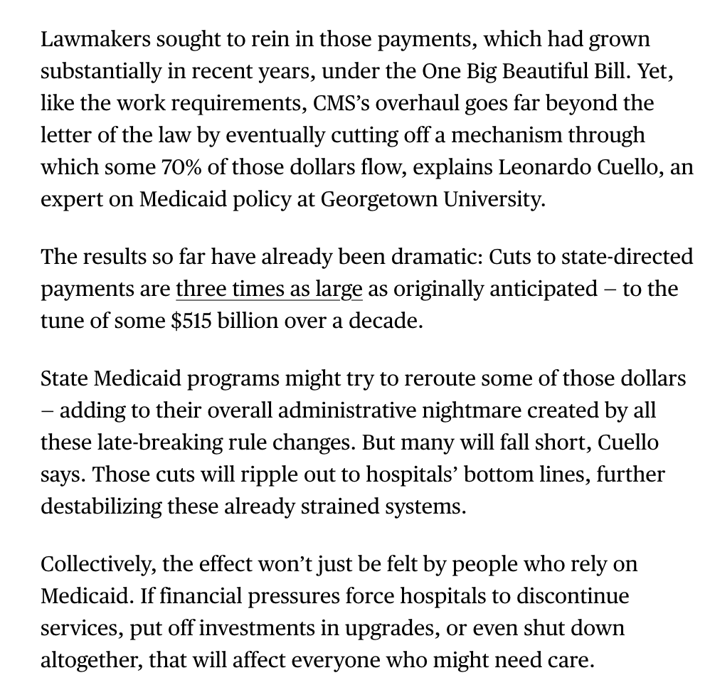 TahraHoops's tweet photo. As if the disastrous cuts to Medicaid in the OBBB weren't bad enough, CMS's implementation is making it worse, 7.5M people losing coverage just became the floor, w/ $515B in additional cuts, work requirements harder to prove than the law requires, and rural hospitals absorbing the hit.