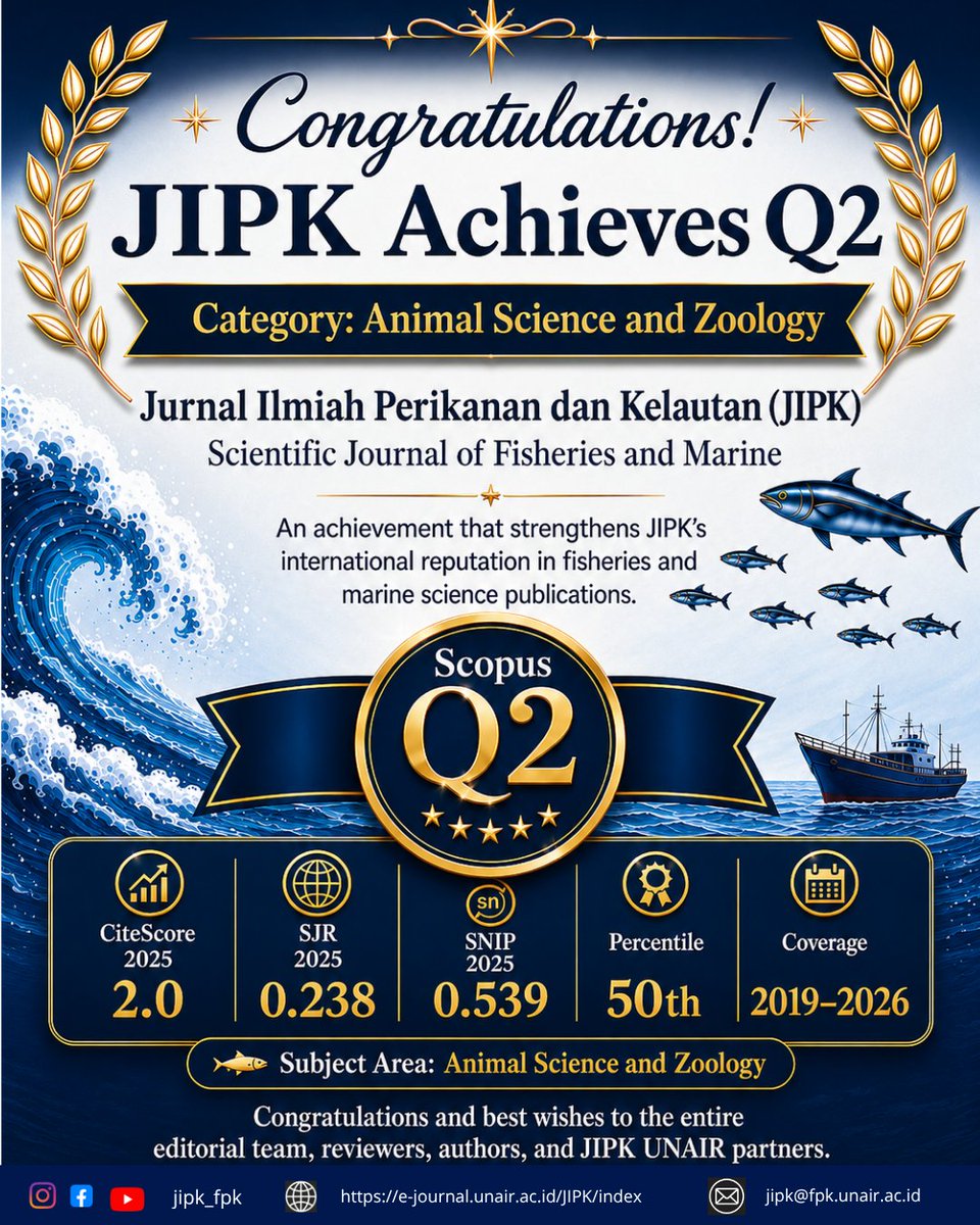 jipk19's tweet photo. Alhamdulilah, Dengan penuh rasa syukur, Jurnal Ilmiah Perikanan dan Kelautan (JIPK) berhasil memperoleh Quartile Q2 pada salah satu kategori CiteScore, yaitu Animal Science and Zoology.
.
.
.
#fpkunair
#jipk
#scopus
#scopusjournal
#journal https://t.co/KnfSOrVlzW