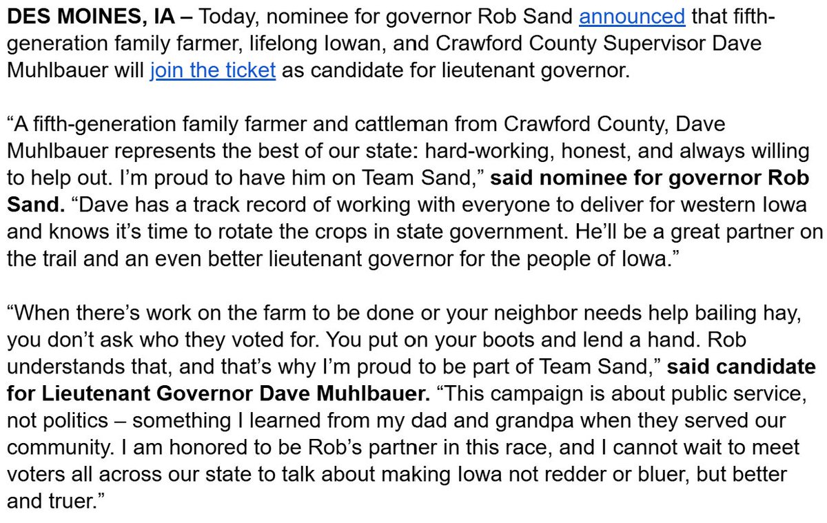 MattKleinOnline's tweet photo. Rob Sand selects Dave Muhlbauer, a cattleman and the lone Democrat on the Crawford County Board of Supervisors, as his running mate in the Iowa gubernatorial race.

Crawford County voted for Donald Trump 71%-28% in 2024. https://t.co/d9NLB0hpaY