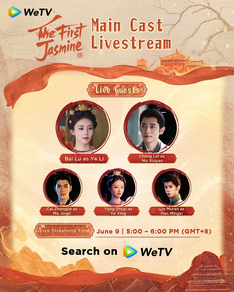 WeTVOfficial's tweet photo. Main cast livestream of #TheFirstJasmine is coming tomorrow at 17:00 (GMT+8). ⏰

We warmly invite all our Jasmines to join us. Every meeting is fate, every reunion is worth waiting for. 💚

🪴#TheFirstJasmine Premieres 9 June on WeTV exclusively.

✨Starring #BaiLu #ChengLei #CaiZhengjie #YangShuyi #LinMuran 

#莫离 #白鹿 #丞磊 #蔡正杰 #杨舒伊 #林沐然 #WeTV #WeTVAlwaysMore