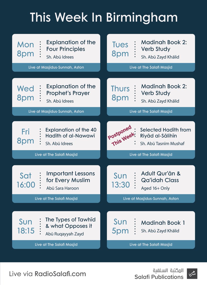 SalafiPubs's tweet photo. 📜 Classes in Birmingham this week inshā Allāh.

📝 Please Note: 'Lessons for Children' every week (online only) with Abu Inaayah - Saturdays 11:30 AM  - https://t.co/ondhU4MoGd https://t.co/9SBl4inHNd