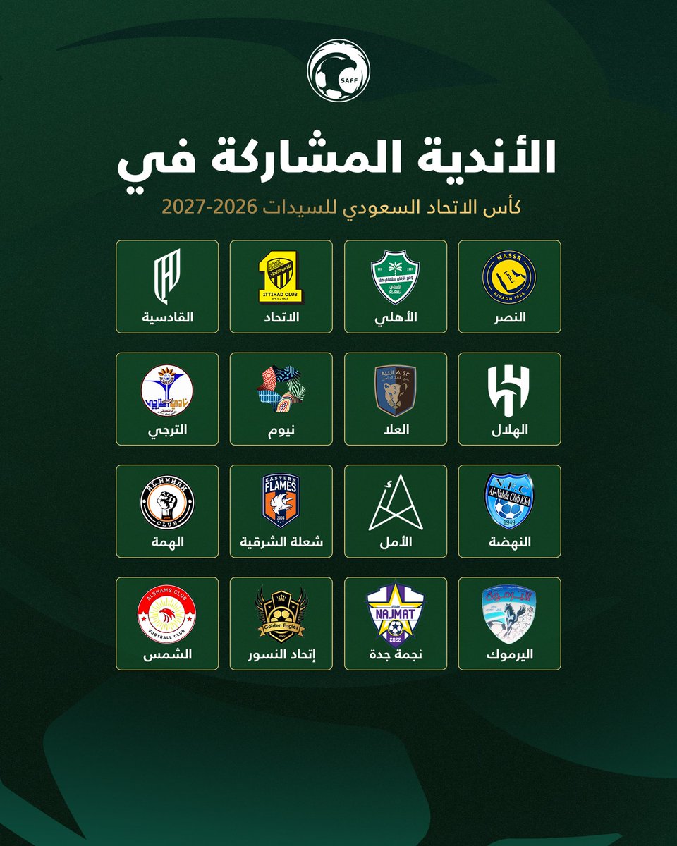 saudiFF's tweet photo. @SDL_SAUDI @SEL_U21 الدوري الممتاز للسيدات 🏆
كأس الاتحاد السعودي للسيدات 🏆
دوري الدرجة الأولى للسيدات 🏆
الدوري الممتاز للناشئات 🏆

الفرق المشاركة في الموسم الرياضي 2026 - 2027 ✅ https://t.co/jF1uIxRMBq