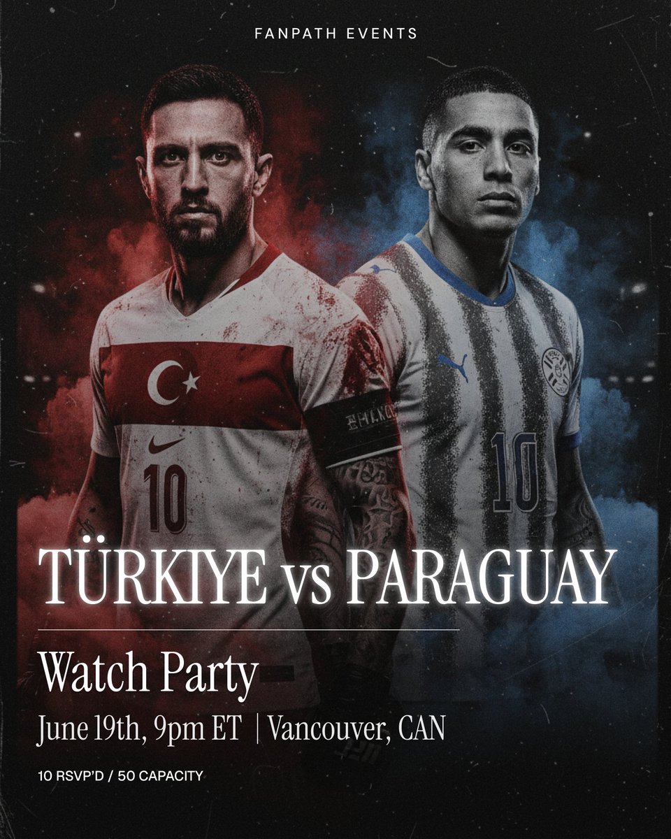 usefanpath's tweet photo. Vancouver, are you ready?

50 spots. 10 gone. 40 left.

Türkiye vs Paraguay fans are linking up for a World Cup watch party.

June 19th, 9pm ET, Vancouver, CAN.

Find your people. RSVP on Fanpath. Link in bio. https://t.co/FpWuUGrpSV