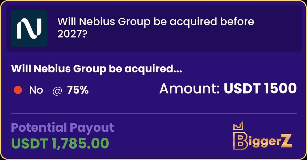 MetaChain_team's tweet photo. Been playing around with https://t.co/LcQoRuV8yw lately to test my predictions. It’s pretty intuitive for market sentiment bets. Currently tracking if Nebius Group will be acquired soon. What do you think, will it happen by 2027 or is the community right at 75%? https://t.co/yFHOB6RxL1