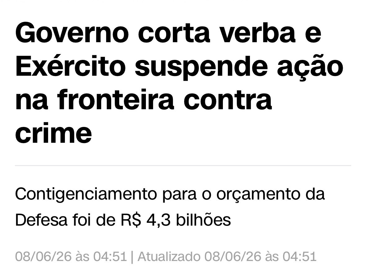 lordivan22's tweet photo. Brasil 🇧🇷: O contigenciamento de R$ 4,3 bilhões para o orçamento da Defesa deste ano levou o Exército brasileiro a suspender operações em curso na fronteira do Brasil de monitoramento contra o crime organizado segundo reporta a “CNN/Brasil” https://t.co/JHEaUnnQLS