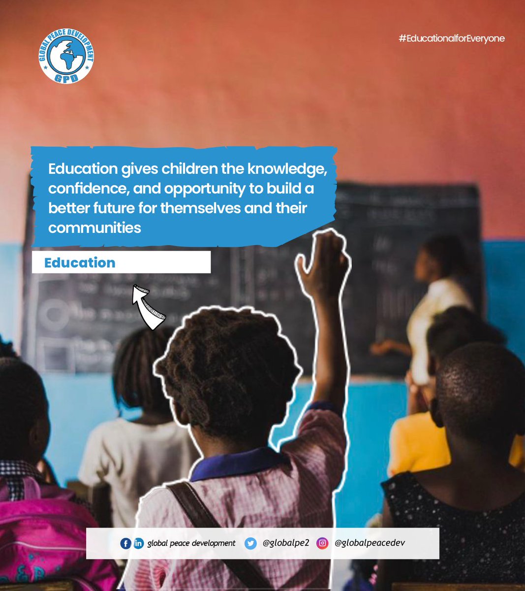 globalpe2's tweet photo. A child with access to education has access to hope, confidence, and opportunity.
Every classroom shapes the future.
Global Peace Development supports inclusive and quality education for every child.
#EducationForEveryone #EducationMatters #EveryChildCounts https://t.co/wQiuktw22j