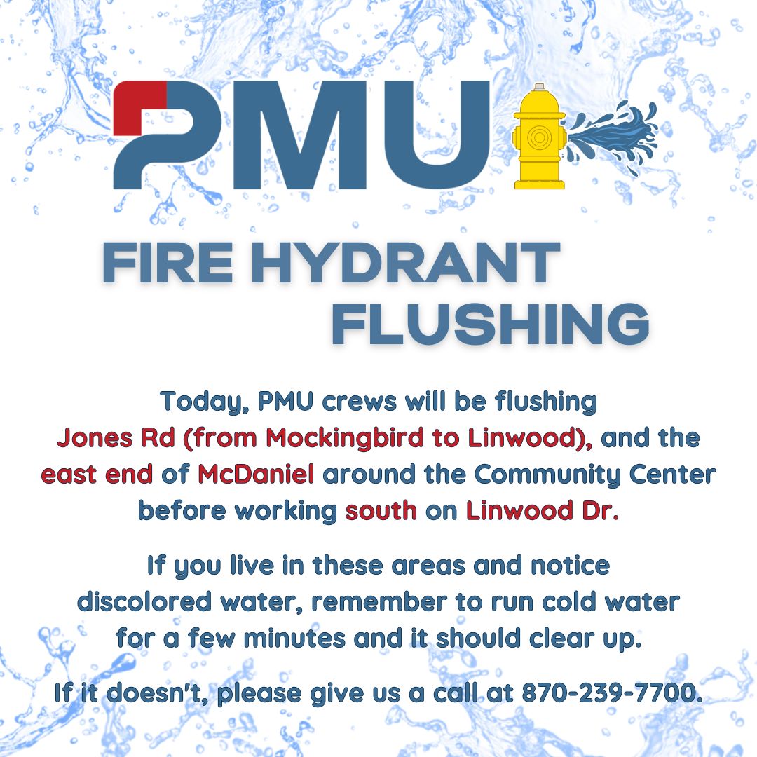 PMUtilities's tweet photo. If you live in these areas and notice
discolored water, remember to run cold water
for a few minutes and it should clear up.

If it doesn't, please give us a call at 870-239-7700. https://t.co/WlnOIEy6E4