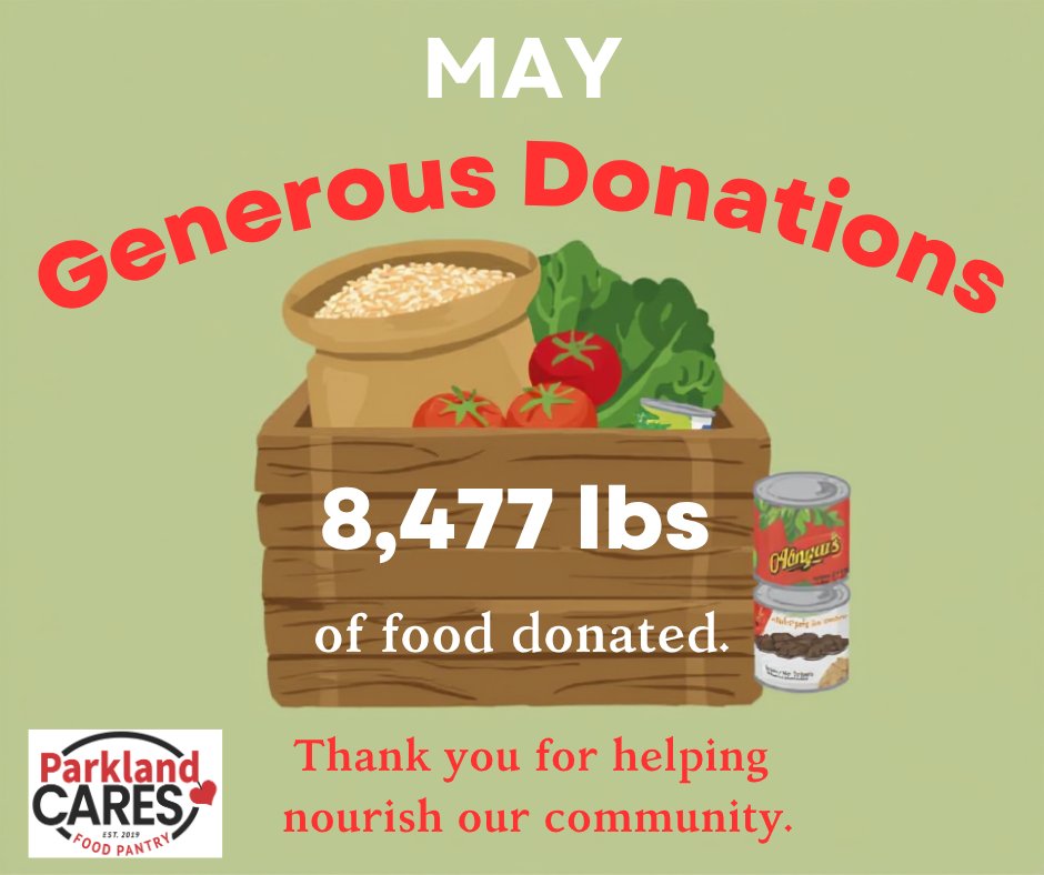 parklandcaresfp's tweet photo. Thank you, Parkland! In May, our community donated an amazing 8,477 pounds of food to Parkland CARES. ๐ฅซ๐ฅ Every donation helps provide food, hope, and support to local families. Together, we're making a difference! โค๏ธ
#ParklandCARES #CommunityHelpingCommunity #CARESforCommunity https://t.co/ElzK4SSfKh