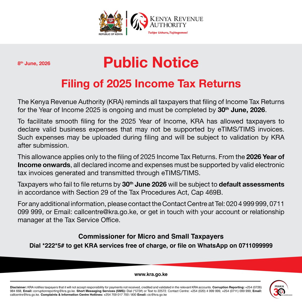 AmbokoJH's tweet photo. The Revenue Authority is reminding us that the window created allowing non-eTIMS backed expenses as deductible (see quoted tweet) ONLY applies to the year of income 2025.

Something that needs emphasis here, even non-eTIMS expenses that are uploaded will be subject to validation. 

Starting 2026, only eTIMS backed expenses will be deemed deductible.