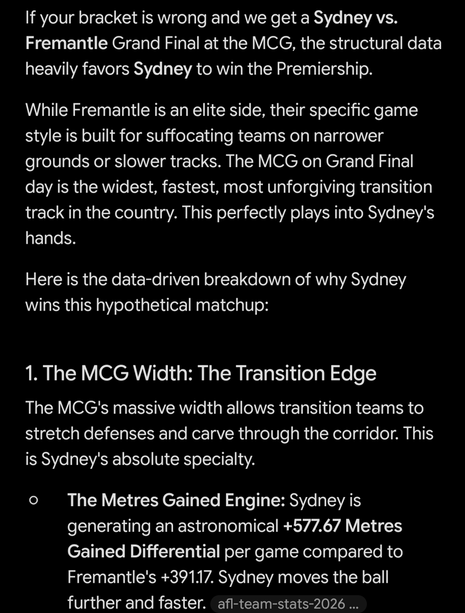 RoarInvest's tweet photo. @Musicalically @FOXFOOTY I did some research with Gemini , here are their response. If Fremantle vs Sydney at the MCG 2026 Grand Final. Why Sydney will win. https://t.co/yzOSWbORkl