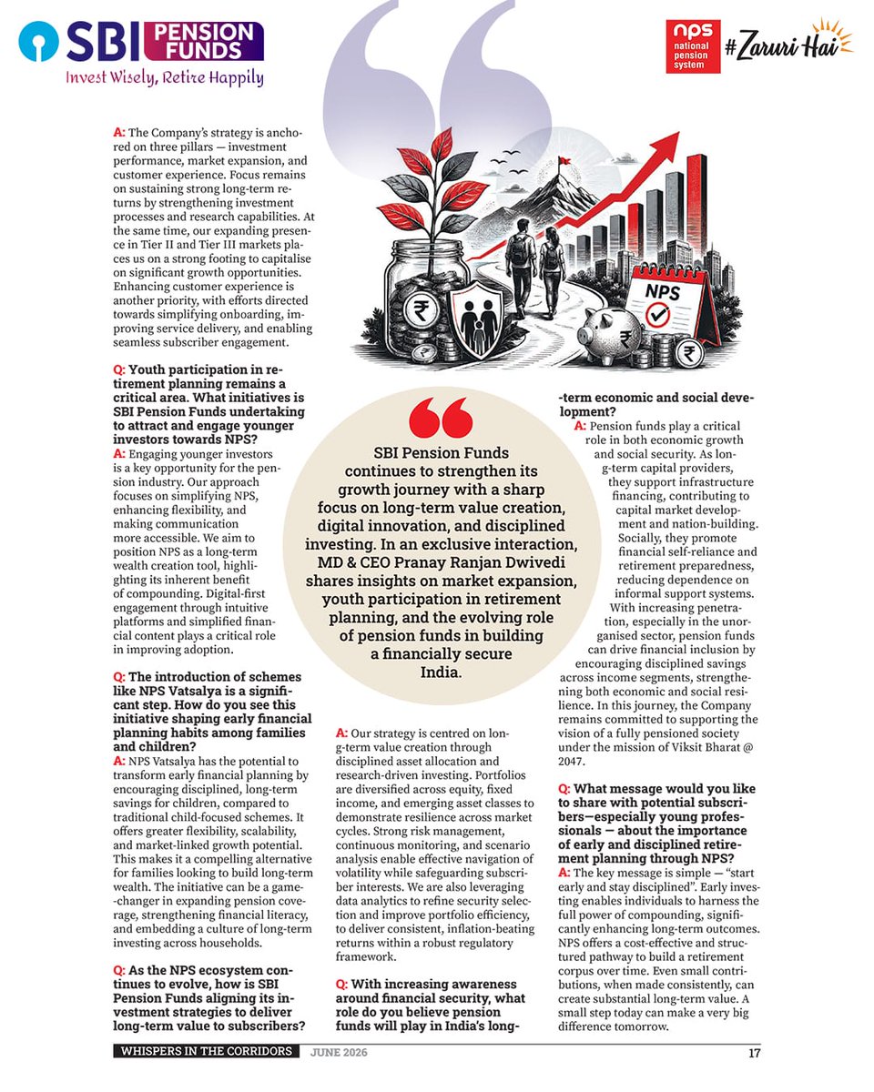 sbipensionfunds's tweet photo. Building a financially secure India requires long-term vision, disciplined investing, and unwavering trust. 

In an exclusive interaction with Whispers In The Corridors, our MD & CEO, Mr. @pranay_rd , shares insights on SBI Pension Funds' growth journey, investment performance, digital innovation, expanding pension awareness, and our commitment to helping millions of Indians build a secure retirement. 
Discover how SBI Pension Funds is creating long-term value through research-driven investing, customer-centric innovation, and a steadfast focus on retirement security for all.

#SBIPensionFunds #LeadershipInsights #CEOInterview #PensionAwareness  #RetirementPlanning #PensionFunds #FinancialSecurity
