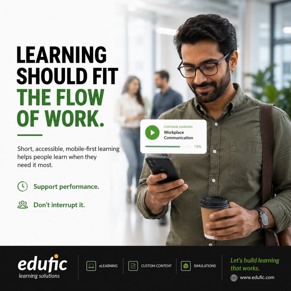 eduficdigital's tweet photo. Not every learning need requires a long module.
Sometimes, a quick refresher, checklist, scenario or mobile nugget can create better workplace impact.
At Edufic, we build learning that helps people perform.
#Edufic #DigitalLearning #WorkplaceLearning #CustomElearning https://t.co/IFfsBGWGX3