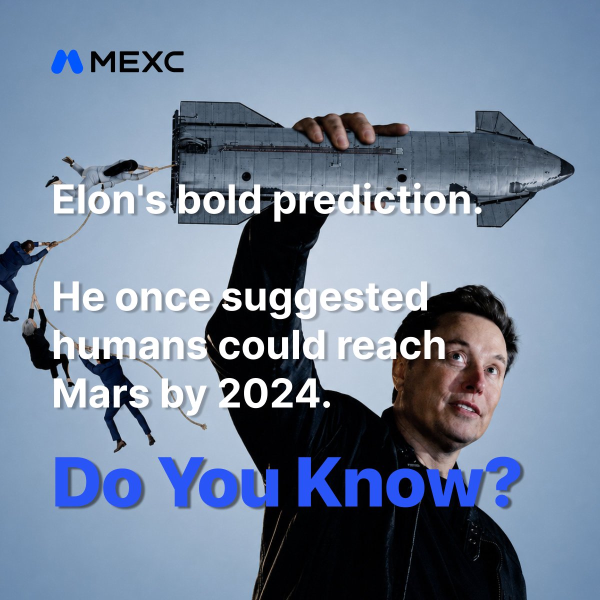 MEXC's tweet photo. 🚀 Fun Fact:

Years before Starship test flights became reality, Elon Musk predicted humans could reach Mars by 2024.

Ambitious? Absolutely.

But that's what $SPACEX has always been about.

Trade Real Stocks with #MEXC0Fee: https://t.co/mEmNl2Y15N https://t.co/kkx702TCRz