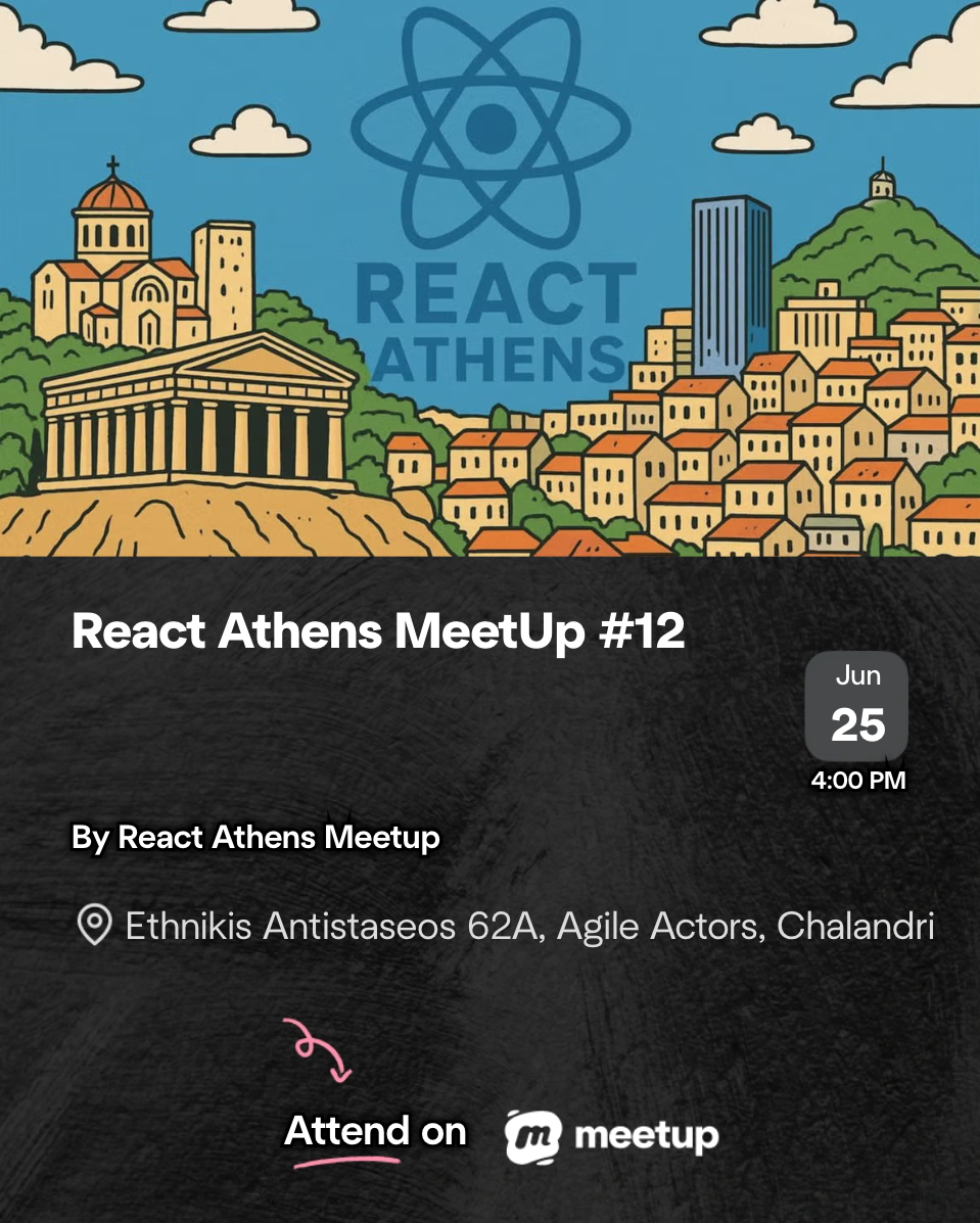 cityjsconf's tweet photo. ☀️ Summer is here! Join us at React Athens for networking, pizza, surprises, and "The Death of useEffect" workshop by @tsevdos 

Sponsored by @AgileActors 

Register now - https://t.co/wZoYoRC20a https://t.co/8X8SSCGYLq