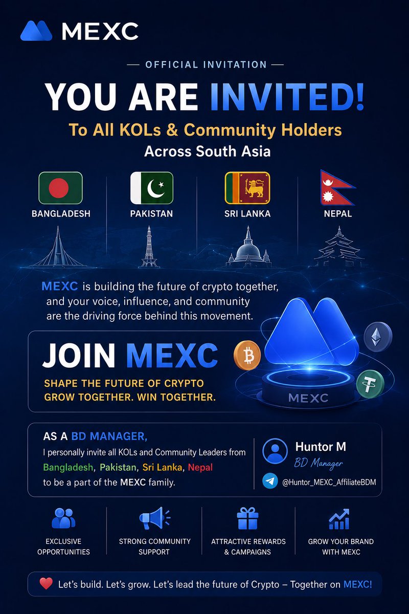 MonosijDolui's tweet photo. 🚀 Calling all #Crypto KOLs, creators &amp; community leaders across South Asia!

I’m inviting passionate builders from 🇧🇩 Bangladesh, 🇵🇰 Pakistan, 🇱🇰 Sri Lanka &amp; 🇳🇵 Nepal to connect and explore opportunities with MEXC.

#MEXC #Web3 #Blockchain #CryptoCommunity #KOL  #SouthAsiaCrypto https://t.co/BSUpnSPUma