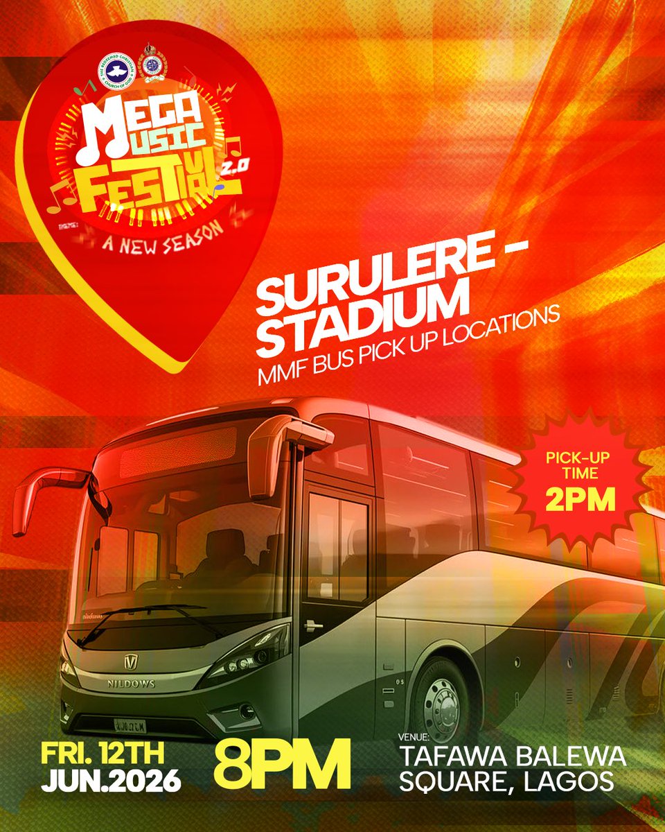 rccgyayaglobal's tweet photo. Transportation to the Mega Music Festival has been made easier.

We have arranged designated pickup locations across Lagos to help you get to the venue conveniently and safely.

📍 Check the pickup point closest to you and make plans ahead of time.

⏰ IMPORTANT: Pickup time at ALL locations is 2:00 PM prompt.

Don’t be late. Don’t miss your ride.

Find your pickup location, invite a friend, and get ready for a night that will echo long after the final song.

#MegaMusicFestival #MMF2026 #NewSeason #RCCGYAYAGlobal