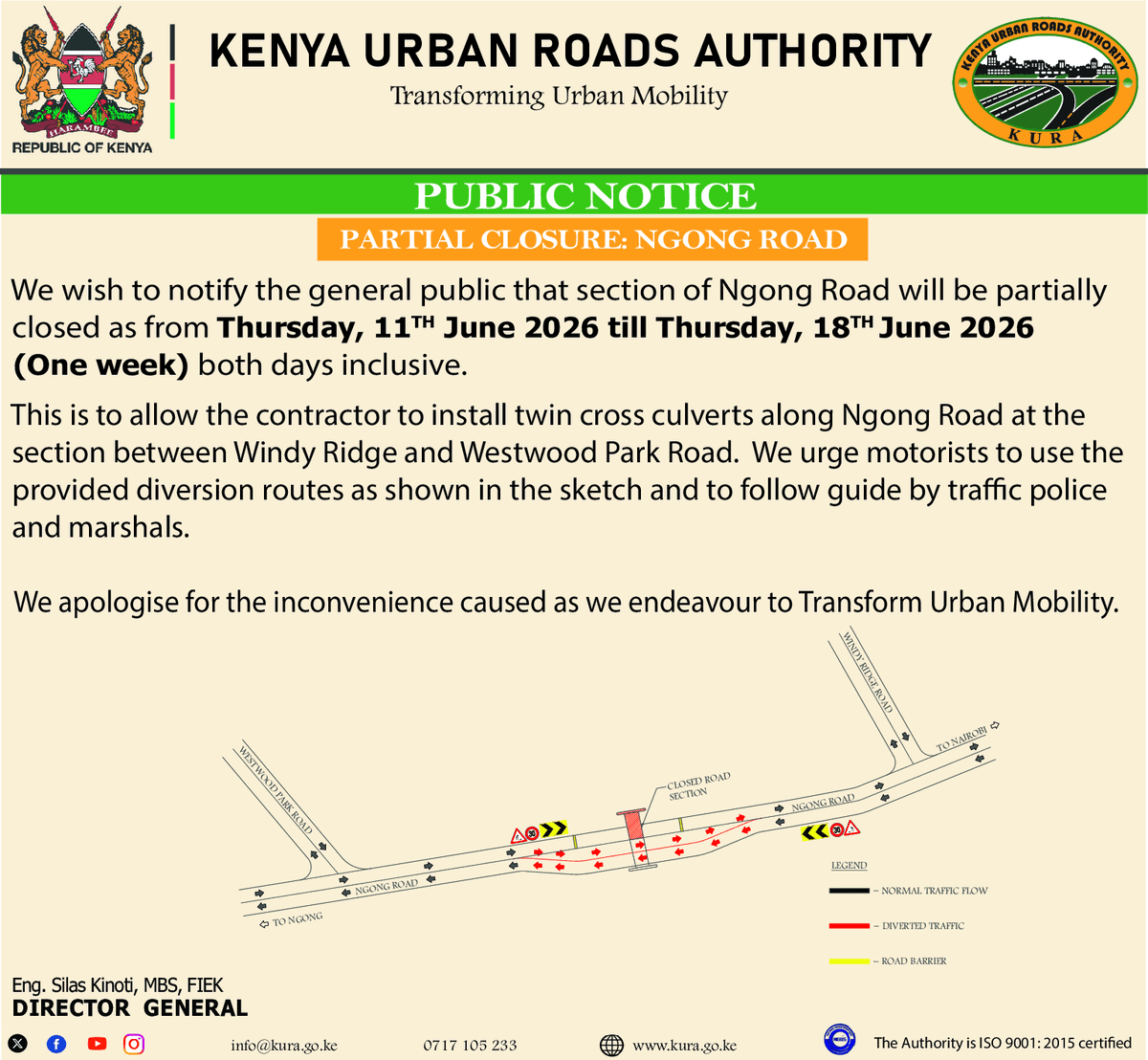 KURAroads's tweet photo. The Authority seeks to partially close  several roads within Nairobi. We kindly ask for your cooperation as we strive to Transform Urban Mobility. @radiomaisha @citizentvkenya @Roads_KE @Kenyans  @KBCChannel1 @KTNNewsKE https://t.co/1uk8DHt8dC