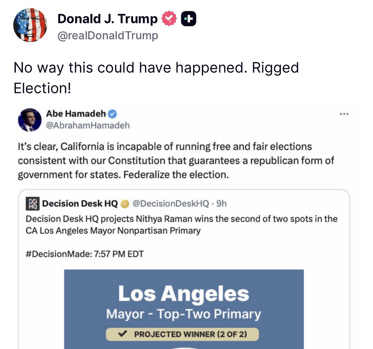 harryjsisson's tweet photo. Trump is awake at 5:00 am pushing conspiracy theories about the LA mayoral election. What an idiot https://t.co/wDqzE9fFJm