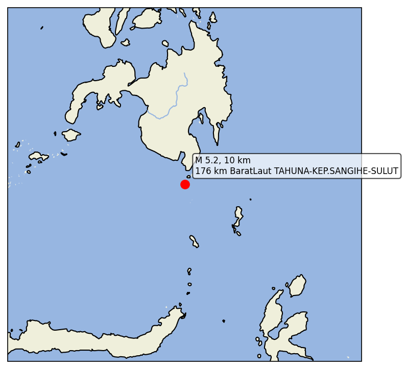 igempa's tweet photo. 08 Jun 2026 16:28:25 WIB
#Gempa M5.2, Kedalaman 10 km,
Pusat: 176 km BaratLaut TAHUNA-KEP.SANGIHE-SULUT
Tidak berpotensi tsunami https://t.co/uDKfaUhaBQ
