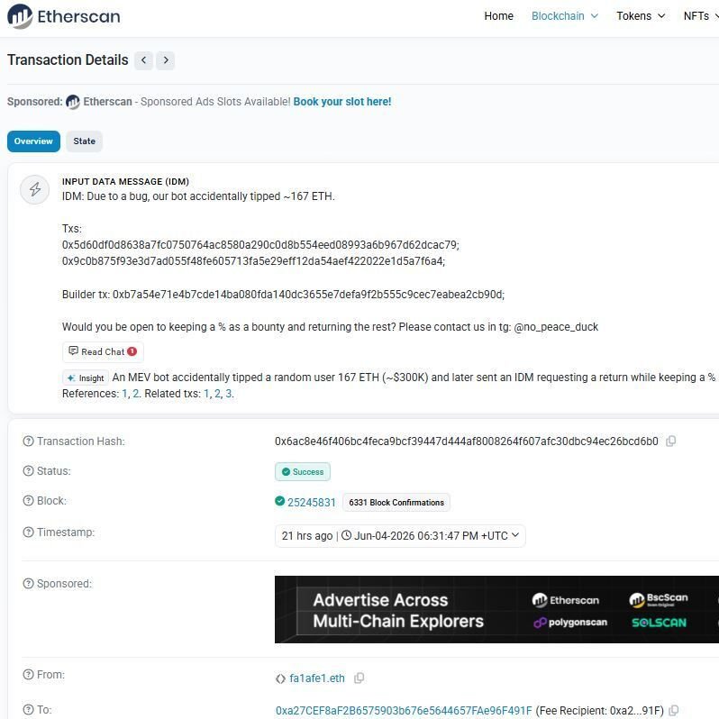 🚨A crypto trading bot accidentally sent 167 $ETH, worth roughly ...